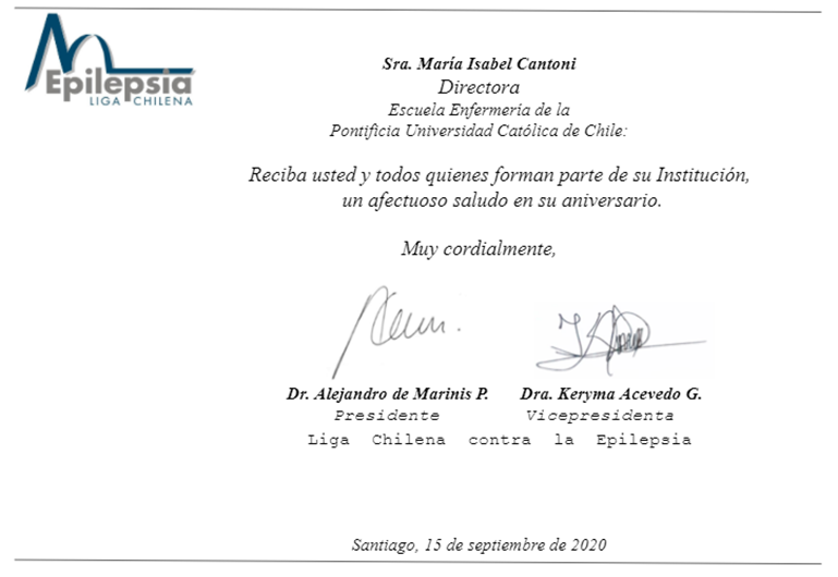 Carta de felciitación de la Liga Chilena contra la Epilepsia